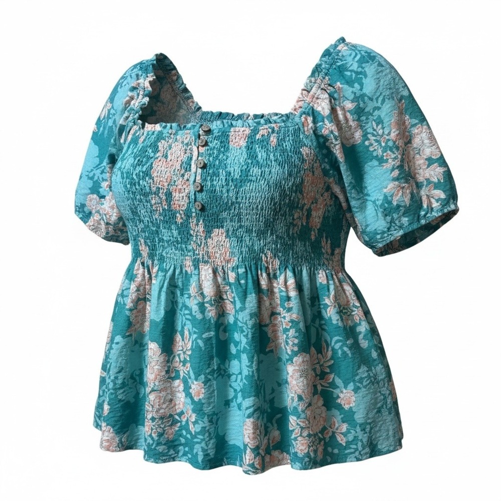 BiBi Floral Peplum Top Women 3XL Teal Smocked Boho Cottagecore IT5190G-01P